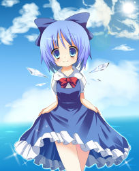 Rule 34 | 1girl, bad id, bad pixiv id, blue eyes, blue hair, blush, bow, bowtie, cirno, cloud, day, hair bow, highres, ice, ice wings, large bow, marotti, matching hair/eyes, short hair, skirt hold, smile, solo, sun, touhou, wings