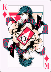 Rule 34 | 1boy, black hair, brown eyes, card, card (medium), closed mouth, commentary, diamond (shape), english commentary, facial hair, floating scarf, ging freecss, green headwear, green scarf, hand on own chin, hand up, hunter x hunter, instagram username, king (playing card), king of diamonds, long sleeves, male focus, multiple views, playing card, scarf, short hair, smile, stroking own chin, symmetry, tabard, turban, upside-down, watermark, zzyzzyy