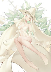 Rule 34 | 1girl, absurdres, bare legs, barefoot, feet, highres, large hat, long hair, looking at viewer, parted lips, plant, pointy ears, toes, white hair, wide sleeves