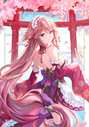 Rule 34 | 1girl, alternate color, alternate costume, animal ears, apron, bad anatomy, breasts, cherry blossoms, commentary request, detached sleeves, falling petals, floppy ears, floral print, fox ears, fox shadow puppet, from behind, genshin impact, highres, large breasts, long hair, looking at viewer, looking back, maid apron, maid headdress, outdoors, parted lips, petals, pink hair, purple eyes, shirt, sideboob, sleeveless, sleeveless shirt, smile, solo, torii, uli (bredkgod), white shirt, wide sleeves, yae miko