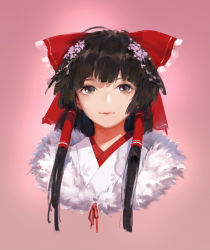 Rule 34 | 1girl, absurdres, alternate costume, ascot, black hair, bow, brown eyes, closed mouth, flower, fur trim, hair bow, hair flower, hair ornament, hair tubes, hakurei reimu, highres, japanese clothes, light smile, looking at viewer, miko, pink background, portrait, red bow, short hair, simple background, smile, sola7764, solo, touhou
