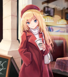 Rule 34 | 1girl, augu (523764197), bad id, bad pixiv id, bag, blonde hair, blue eyes, blush, closed mouth, coat, hand in pocket, handbag, hat, highres, long hair, looking at viewer, original, outdoors, red coat, red hat, smile, solo, starbucks