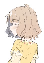 Rule 34 | absurdres, ahoge, blush, child, closed eyes, commentary request, dress, floral print, frilled sleeves, frills, highres, idolmaster, idolmaster million live!, light brown hair, long sleeves, meeeeeeco359, print dress, profile, short hair, sidelocks, simple background, smile, solo, suou momoko, wavy hair, white background, yellow dress