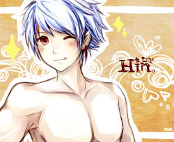 Rule 34 | 1boy, abs, absurdres, blush, highres, looking at viewer, male focus, one eye closed, red eyes, rough (talesrunner), spiked hair, talesrunner, upper body, white hair, wink