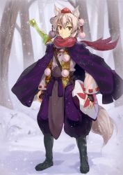 Rule 34 | 1girl, adapted costume, animal ears, black footwear, boots, bridal gauntlets, detached sleeves, highres, hinami (hinatamizu), inubashiri momiji, knee boots, rubber boots, scarf, sheath, sheathed, shield, short hair, silver hair, smile, solo, sword, tail, touhou, weapon, wide sleeves, wolf ears, wolf tail
