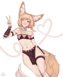 Rule 34 | 1girl, absurdres, animal ear fluff, animal ears, arm strap, artist name, blonde hair, blush, braid, brown eyes, brown hair, brown tail, brown tube top, commentary, english commentary, flat chest, fox ears, fox girl, fox tail, grin, highres, jewelry, khiara (personal ami), loincloth, long tail, looking at viewer, maewix (artist), navel, necklace, one eye closed, orange eyes, original, side braids, simple background, smile, solo, strapless, tail, tube top, twin braids, v, white background