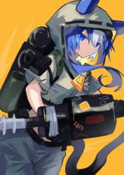 Rule 34 | 1girl, animal ears, arknights, backpack, bag, black bag, blue eyes, blue hair, candy, cowboy shot, cropped jacket, dutch angle, ears through headwear, food, glaucus (arknights), glaucus (exterminator in the square) (arknights), green jacket, grey pants, holding ghostbuster, hood, hood up, hose, jacket, lollipop, long hair, mouth hold, multicolored hair, official alternate costume, one-hour drawing challenge, pants, sasa onigiri, simple background, solo, two-tone hair, yellow neckwear
