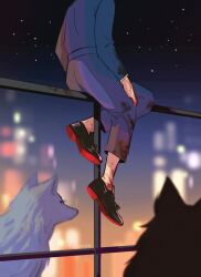 Rule 34 | 1boy, andythelemon, black pants, blood, blood on clothes, blood on hands, fushiguro megumi, head out of frame, highres, jujutsu kaisen, on roof, pants, sitting, sitting on roof, solo, watermark, white wolf, wolf