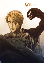 Rule 34 | 1boy, 1other, chiyo (willgrahamlove), clifford unger, death stranding, gun, looking at viewer, mads mikkelsen, male focus, marvel, military, military uniform, parted bangs, standing, teeth, uniform, venom (marvel), weapon