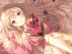 Rule 34 | 1girl, blonde hair, bouquet, bra strap, breasts, cardigan, dried flower, expressionless, feet out of frame, flower, from above, hair between eyes, hair spread out, holding, holding bouquet, holding petal, knees up, kompeitou (lemon garden), long hair, looking at viewer, lying, medium breasts, off-shoulder sweater, off shoulder, on back, original, parted lips, petals, pink cardigan, purple eyes, purple flower, purple rose, red flower, red rose, rose, skirt, sleeves past wrists, strap slip, sweater, symbol-only commentary, very long hair, white skirt
