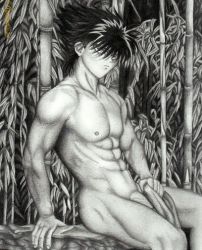 Rule 34 | 1boy, black hair, hiei, lowres, male focus, muscular, pencil, sketch, solo, uncensored, yuu yuu hakusho