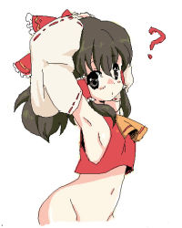 Rule 34 | 1girl, ?, armpits, bad id, bad pixiv id, bottomless, breasts, brown eyes, brown hair, detached sleeves, female focus, groin, hair tubes, hakurei reimu, ica, japanese clothes, miko, sideboob, small breasts, solo, touhou