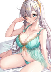 Rule 34 | 1girl, :o, anastasia (fate), aqua babydoll, arm support, babydoll, bare legs, blush, bow hairband, bra, breasts, cleavage, collarbone, commentary, crossed bangs, fate/grand order, fate (series), green bra, green eyes, green panties, hairband, harimoji, highres, large breasts, lingerie, long hair, looking at viewer, negligee, one eye closed, open mouth, panties, rubbing eyes, silver hair, simple background, solo, thighs, underwear, white background