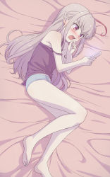 Rule 34 | 1girl, ahoge, bare legs, bare shoulders, barefoot, bed sheet, black camisole, blue panties, blush, camisole, cellphone, commentary request, embarrassed, feet, full body, grey hair, hair down, highres, holding, holding phone, long hair, lying, makaino ririmu, multicolored hair, nijisanji, no pants, nose blush, off shoulder, on bed, on side, panties, phone, pointy ears, red eyes, red hair, sabamen, smartphone, soles, solo, streaked hair, sweatdrop, toes, underwear, underwear only, very long hair, virtual youtuber