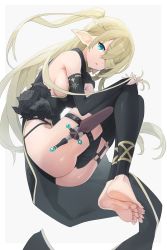 Rule 34 | 1girl, absurdres, ass, barefoot, black dress, black thighhighs, blonde hair, blue eyes, braid, breasts, commission, dagger, detached leggings, dosei, dress, elf, full body, hair over one eye, half updo, highres, knife, large breasts, legs together, long hair, looking at viewer, original, parted lips, pointy ears, sheath, sheathed, sideboob, simple background, skeb commission, solo, thigh strap, thighhighs, very long hair, weapon, white background