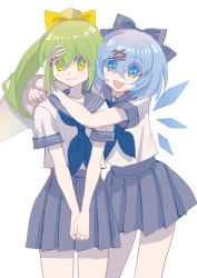 2girls absurdres blouse blue_hair blue_skirt bow cirno closed_mouth cowboy_shot daiyousei fairy_wings green_hair hair_ornament highres hug ice ice_wings light_blush looking_at_viewer medium_hair multiple_girls neckerchief open_mouth pleated_skirt ponytail school_uniform serafuku shirt shocho_(shaojiujiu) short_hair short_sleeves skirt touhou white_background white_shirt wings yellow_bow