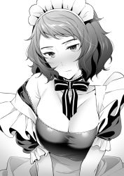 Rule 34 | 1girl, bob cut, breasts, cleavage, commentary request, detached collar, frilled sleeves, frills, gradient background, greyscale, head tilt, highres, hizuki akira, kawakami sadayo, large breasts, looking at viewer, maid, maid headdress, monochrome, neck ribbon, persona, persona 5, puffy short sleeves, puffy sleeves, ribbon, short hair, short sleeves, solo, standing, strap slip, swept bangs, upper body, v arms