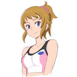Rule 34 | 1girl, blue eyes, breasts, brown hair, closed mouth, gundam, gundam build fighters, gundam build fighters try, hoshino fumina, kei-co, looking at viewer, medium hair, ponytail, simple background, smile, solo, sports bra, two-tone sports bra, white background