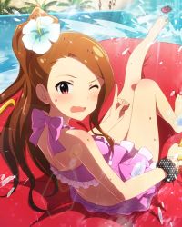 Rule 34 | 1girl, alternate hairstyle, artist request, back, bare shoulders, barefoot, bikini, bikini top only, blush, bow, bracelet, brown hair, day, feet, frilled bikini, frills, idolmaster, idolmaster (classic), idolmaster million live!, idolmaster million live! theater days, jewelry, long hair, looking at viewer, minase iori, official art, open mouth, outdoors, palm tree, pink bikini, pointing, ponytail, red eyes, scrunchie, sunlight, swimsuit, tree, water slide, wavy mouth, wet, wet hair, wince, wrist scrunchie