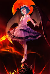 Rule 34 | 1girl, adapted costume, alternate costume, ankle ribbon, anklet, barefoot, bat wings, blue hair, bone, full body, full moon, hat, hat ribbon, highres, jewelry, leg ribbon, looking at viewer, mob cap, moon, nuqura, outstretched arm, puffy sleeves, red eyes, red moon, remilia scarlet, ribbon, shirt, short hair, short sleeves, skirt, skull, solo, spear the gungnir, touhou, vest, wings