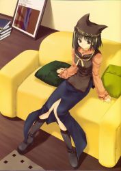 Rule 34 | 1girl, animal hat, boots, couch, hat, mitsumi misato, original, sitting, skirt, solo, yellow upholstery