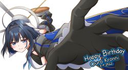 Rule 34 | 1girl, absurdres, black gloves, black hair, black sleeves, blue eyes, blue neckerchief, blush, breasts, chain, closed mouth, commentary, dated, detached sleeves, english commentary, food, gloves, hair between eyes, hair intakes, halo, happy birthday, highres, holding, holding food, hololive, hololive english, jan azure, large breasts, looking at viewer, mechanical halo, medium hair, meme, neckerchief, ouro kronii, pie, sideboob, simple background, smile, solo, upper body, virtual youtuber, white background