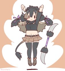 Rule 34 | 1girl, american bison (kemono friends), animal ears, arms up, belt, black hair, boots, brown background, cape, coroha, cow ears, cow girl, cow horns, cow tail, extra ears, full body, horn lance, horns, jumping, kemono friends, long hair, looking at viewer, navel, ribbon, shirt, simple background, skirt, solo, tail, thighhighs, twintails, weapon