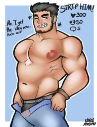 Rule 34 | 1boy, abs, bara, beard stubble, black hair, come hither, denim, english text, facial hair, feet out of frame, highres, huge eyebrows, jeans, large areolae, large pectorals, like and retweet, looking at viewer, lucas lee, lyu-beh (luberaccoon), male focus, meme, muscular, muscular male, navel, nipples, open pants, opened by self, pants, pectorals, scott pilgrim (series), scott pilgrim takes off, seductive smile, short hair, simple background, smile, solo, stubble, topless male, twitter strip game (meme), undressing