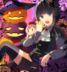 Rule 34 | 1boy, :o, bad id, bad pixiv id, black hair, black hat, blunt bangs, brown shorts, commentary, doll, eating, english commentary, fangs, food, fruit, halloween, hat, holding, holding doll, holding food, holding fruit, jack-o&#039;-lantern, looking at viewer, original, purple eyes, short hair, shorts, sitting, spiked hair, striped clothes, striped legwear, striped thighhighs, thighhighs, top hat, vampire, vertical-striped clothes, vertical-striped thighhighs, witch hat, yukichi (eikichi), | |