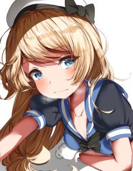 Rule 34 | 1girl, blonde hair, blue eyes, blue sailor collar, breath, close-up, commentary request, dress, gloves, hat, highres, jervis (kancolle), kantai collection, lying, on stomach, puffy short sleeves, puffy sleeves, sailor collar, sailor dress, sailor hat, short sleeves, simple background, solo, takashia (akimototakashia), upper body, wavy mouth, white background, white gloves, white hat