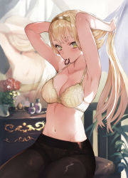Rule 34 | 1girl, absurdres, adjusting hair, armpits, arms up, atelier (series), atelier ryza, atelier ryza 1, blush, bra, breasts, chest of drawers, day, flower, green eyes, hair tie, hair tie in mouth, highres, indoors, klaudia valentz, looking at viewer, makeup brush, medium breasts, midriff, mirror, mouth hold, navel, official art, panties, panties under pantyhose, pantyhose, reflection, shiny clothes, shiny legwear, sitting, toridamono, tying hair, underwear, waifu2x, white bra