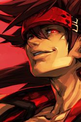 Rule 34 | 1boy, arc system works, bright pupils, commentary request, grin, guilty gear, headband, hungry clicker, looking at viewer, male focus, order-sol, parted lips, portrait, red background, red eyes, simple background, smile, sol badguy, solo