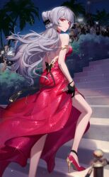 Rule 34 | absurdres, bare back, bare shoulders, black gloves, breasts, camera flash, crazy ones, dress, gloves, grey hair, high heels, highres, large breasts, long hair, official art, people, red dress, red eyes, stairs, stiletto heels, stone stairs, xia bing (crazy ones)