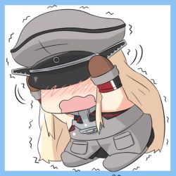 Rule 34 | 10s, 1girl, bismarck (kancolle), blonde hair, blush, brown gloves, chibi, cowering, detached sleeves, gloves, grey thighhighs, hand on own head, hands up, hat, kantai collection, long hair, military, military uniform, open mouth, peaked cap, puchimasu!, simple background, solo, thighhighs, trembling, uniform, wavy mouth, white background, yuureidoushi (yuurei6214)