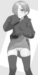Rule 34 | 1girl, anouetto, bad id, bad twitter id, black thighhighs, blush, bottomless, breasts, clitoris, clothes lift, drawstring, ear piercing, earrings, flashing, gluteal fold, greyscale, groin, hair over one eye, hand to own mouth, highres, hood, hood down, hoodie, idolmaster, idolmaster cinderella girls, idolmaster cinderella girls starlight stage, jewelry, lifting own clothes, long sleeves, looking at viewer, miniskirt, monochrome, no panties, open mouth, piercing, pleated skirt, pussy, shirasaka koume, short hair, skirt, skirt lift, sleeves past wrists, solo, stud earrings, sweatdrop, thighhighs, uncensored