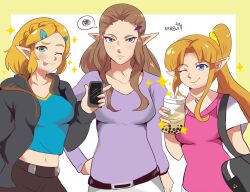 Rule 34 | 3girls, bag, belt, black bag, black belt, black jacket, blonde hair, blue eyes, blue shirt, border, braid, brown hair, collarbone, commentary, crown braid, cup, disposable cup, drinking straw, english commentary, green eyes, hair ornament, hairclip, highres, holding, holding cup, holding phone, jacket, karbuitt, long hair, looking at viewer, midriff, multiple girls, navel, nintendo, open clothes, open jacket, outside border, phone, pointy ears, princess zelda, purple shirt, shirt, shoulder bag, signature, sparkle, speech bubble, standing, straight-on, the legend of zelda, the legend of zelda: a link between worlds, the legend of zelda: tears of the kingdom, the legend of zelda: twilight princess, tongue, tongue out, triforce, yellow border