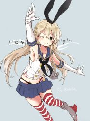 Rule 34 | &gt;;), 10s, 1girl, aio (aki56), ankle boots, arm up, armored boots, armpits, blonde hair, blue eyes, boots, gloves, grey footwear, hairband, kantai collection, long hair, looking at viewer, one eye closed, shimakaze (kancolle), simple background, smile, solo, striped clothes, striped thighhighs, thighhighs, v-shaped eyebrows