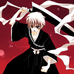 Rule 34 | 1boy, alexa pasztor, alternate hair color, artist name, bleach, brown eyes, cardcaptor sakura, clenched hand, collarbone, cosplay, japanese clothes, kurosaki ichigo, kurosaki ichigo (cosplay), li xiaolang, male focus, open mouth, red background, serious, solo, sword, weapon, white hair