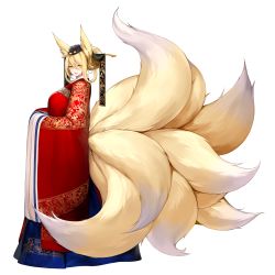 Rule 34 | 1girl, animal ear fluff, animal ears, blonde hair, blush, breasts, crossed bangs, dress, fox ears, fox girl, fox tail, full body, hair between eyes, hat, highres, hirume of heavenly incense, kitsune, korean clothes, kyuubi, last origin, looking at viewer, looking to the side, multiple tails, official art, open mouth, smile, snowball22, solo, tachi-e, tail, transparent background, wedding dress, wide sleeves, yellow eyes