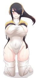 Rule 34 | 10s, 1girl, bad id, bad pixiv id, black hair, blush, breasts, brown eyes, covered navel, curvy, emperor penguin (kemono friends), covered erect nipples, full body, hair over one eye, hands on own chest, highleg, highleg leotard, highres, kemono friends, kneeling, large breasts, leotard, long hair, looking at viewer, multicolored hair, open mouth, pocari sweat (artist), solo, streaked hair, wavy mouth, white background, white legwear, white leotard