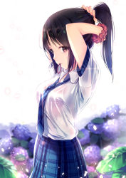 Rule 34 | 1girl, arms up, backlighting, blue necktie, blue skirt, bra, breasts, closed mouth, cowboy shot, flower, from side, hair tie, highres, hydrangea, leaf, light smile, long hair, looking at viewer, medium breasts, mouth hold, necktie, original, petals, plaid, plaid necktie, plaid neckwear, plaid skirt, pleated skirt, ponytail, purple eyes, scrunchie, shirt, sidelocks, skirt, solo, tying hair, underwear, wet, wet clothes, wet shirt, yan (nicknikg)
