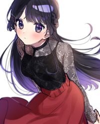 Rule 34 | 1girl, absurdres, arms behind back, black eyes, black hair, black shirt, blush, breasts, closed mouth, commentary request, eyelashes, hair ornament, hairclip, highres, kuma daigorou, long hair, long sleeves, looking at viewer, medium breasts, nijisanji, red skirt, see-through, shirt, simple background, skirt, solo, straight hair, tsukino mito, virtual youtuber, white background