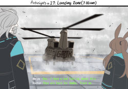 Rule 34 | 1boy, 1girl, aircraft, amiya (arknights), animal ears, arknights, black jacket, brown hair, call of duty, call of duty: modern warfare 2, ch-47 chinook, cloud, cloudy sky, commentary, day, doctor (arknights), english commentary, english text, facial hair, facing away, grey hair, griffin &amp; kryuger, guin guin, helicopter, hood, hood down, hooded jacket, jacket, long sleeves, male doctor (arknights), motion blur, mustache, old, old man, outdoors, ponytail, rabbit ears, sky, vehicle request