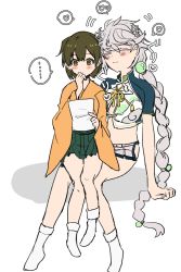 Rule 34 | ..., 2girls, arm support, asymmetrical bangs, asymmetrical hair, blush, braid, breasts, brown eyes, brown hair, cleavage cutout, closed eyes, closed mouth, clothing cutout, cloud print, commentary request, crop top, cuddling, fingernails, fujisaki (si da), full body, furisode, green hakama, hair between eyes, hair ornament, hakama, hakama short skirt, hakama skirt, heart, highres, hiryuu (kancolle), holding, holding paper, japanese clothes, kantai collection, kimono, long hair, long sleeves, messy hair, microskirt, midriff, motion lines, multiple girls, neck ribbon, no shoes, orange kimono, paper, pleated skirt, ribbon, shide, short hair, silver hair, simple background, single braid, sitting, sitting on lap, sitting on person, skirt, smile, spoken ellipsis, spoken heart, tabi, unryuu (kancolle), very long hair, white background, white legwear, wide sleeves, yellow ribbon