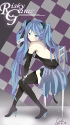 Rule 34 | 1girl, animal ears, bad id, bad pixiv id, blue eyes, blue hair, boots, cat ears, cat tail, chair, checkered background, cut (123), elbow gloves, full body, gloves, hatsune miku, high heel boots, high heels, highres, kemonomimi mode, long hair, matching hair/eyes, risky game (vocaloid), shoes, sitting, solo, tail, thigh boots, thighhighs, twintails, very long hair, vocaloid, wrist cuffs