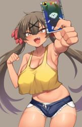 Rule 34 | + +, 1girl, absurdres, armpits, awan raccoon, breasts, brown eyes, brown hair, camisole, cleavage, copyright request, denim, denim shorts, fang, hair ornament, highres, huge breasts, large breasts, micro shorts, open mouth, shorts, smile, solo, tan, trading card, twintails, x hair ornament, yellow camisole