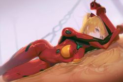 Rule 34 | 1girl, blue eyes, blush, bodysuit, breasts, commentary, dutch angle, feet out of frame, gloves, hair ornament, interface headset, lance of longinus (evangelion), long hair, looking at viewer, lying, medium breasts, neon genesis evangelion, on floor, on side, orange hair, pilot suit, plugsuit, red bodysuit, solo, souryuu asuka langley, sul ( 20sub), thigh gap, two side up