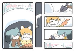 Rule 34 | 10s, 2girls, animal ears, bad id, bad pixiv id, black hair, blue eyes, breath, buttons, closed mouth, coat, comic, day, fox ears, gloves, grey hair, gunzan, hair between eyes, highres, kemono friends, long sleeves, looking at another, medium hair, multicolored hair, multiple girls, orange hair, outdoors, quinzhee, scarf, shoebill (kemono friends), shovel, silent comic, snow, snow shelter, tibetan fox (kemono friends), tsurime, two-tone hair, white hair, winter, winter clothes, winter coat, yellow eyes