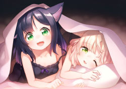 Rule 34 | 2girls, animal ears, black hair, blonde hair, blush, camisole, cat ears, cat tail, fang, green eyes, kito (sorahate), looking at viewer, multiple girls, hugging object, one eye closed, open mouth, original, pillow, pillow hug, smile, strap slip, tail, under covers