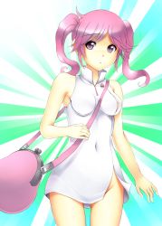 Rule 34 | 1girl, bag, bandai, breasts, digimon, digimon world re:digitize, female focus, gradient background, highres, no panties, one breast out, pink eyes, pink hair, rindou akiho, solo, twintails